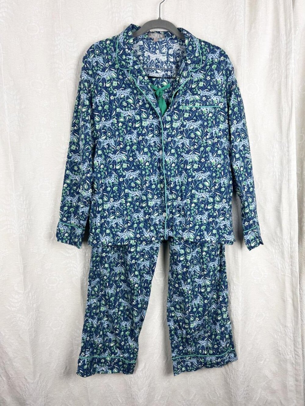 J.Crew Fauna Floral Blue Spotted Leopard Cotton Poplin Pajama Set lounge sleep M